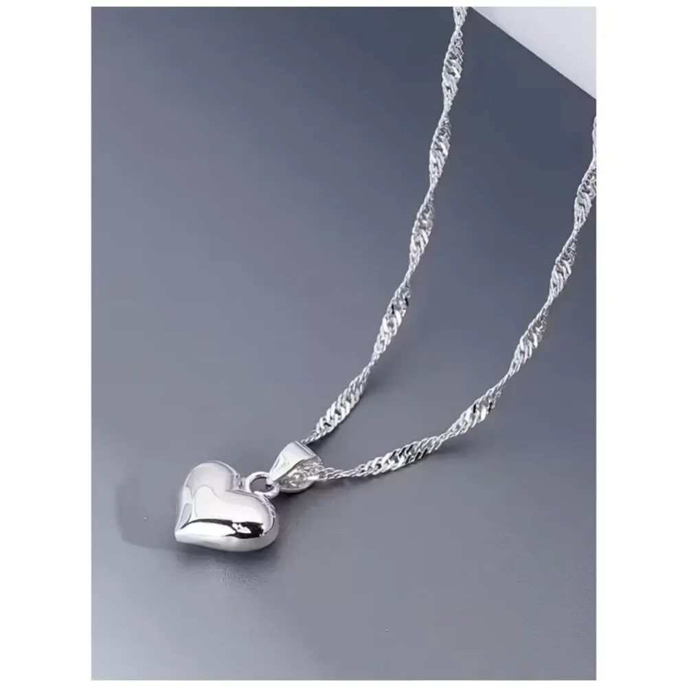 NWT-Heart Pendant Necklace Puffy Sterling Plate Twist Chain Modern Classic